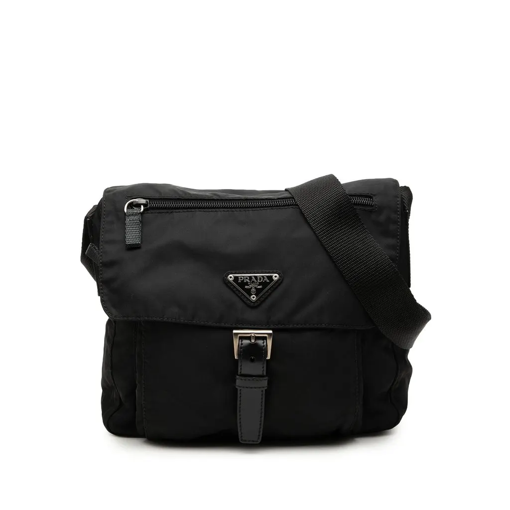 Prada Tessuto Zip Buckle Messenger Bag Black Very good - Front View