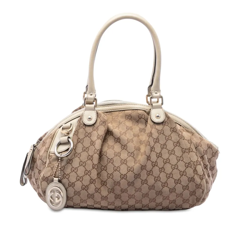 Gucci GG Canvas Sukey Satchel Beige Canvas Good - Front View