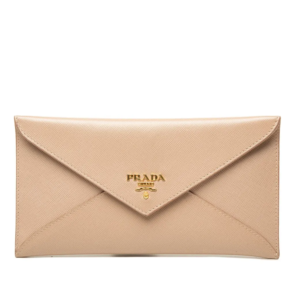 Prada Saffiano Envelope Wallet Beige Leather Good - Front View