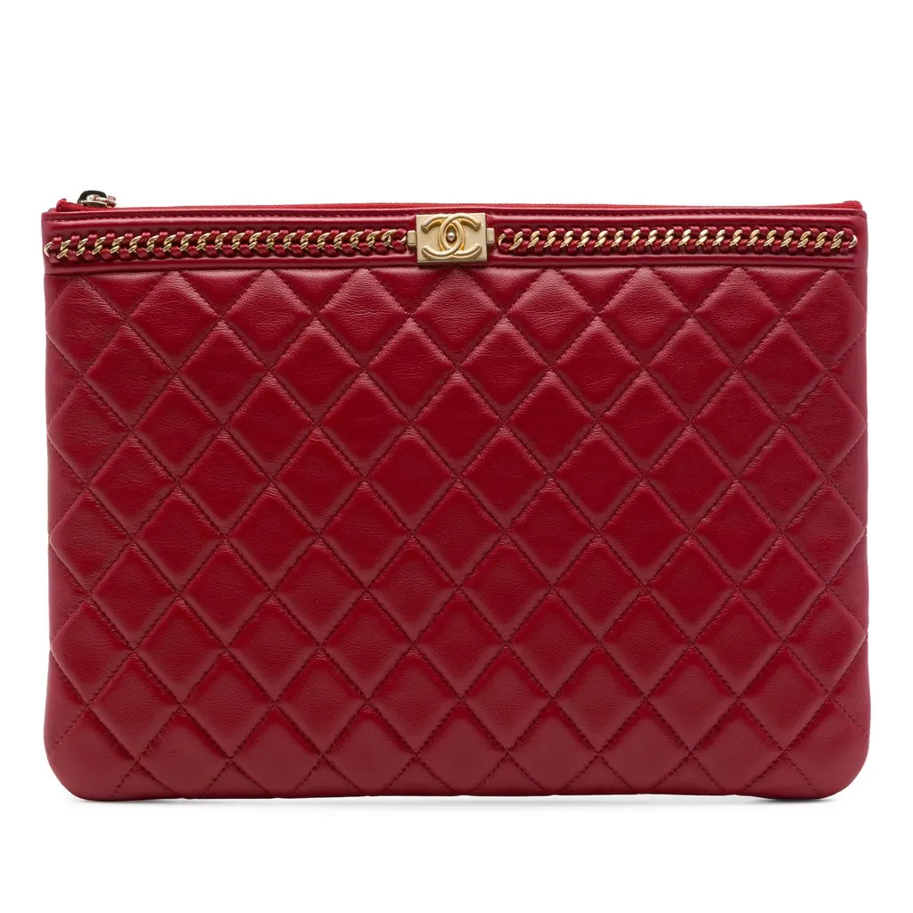 Chanel Medium Quilted Lambskin Chain Boy O Case Clutch Red Leather Very good - Front View