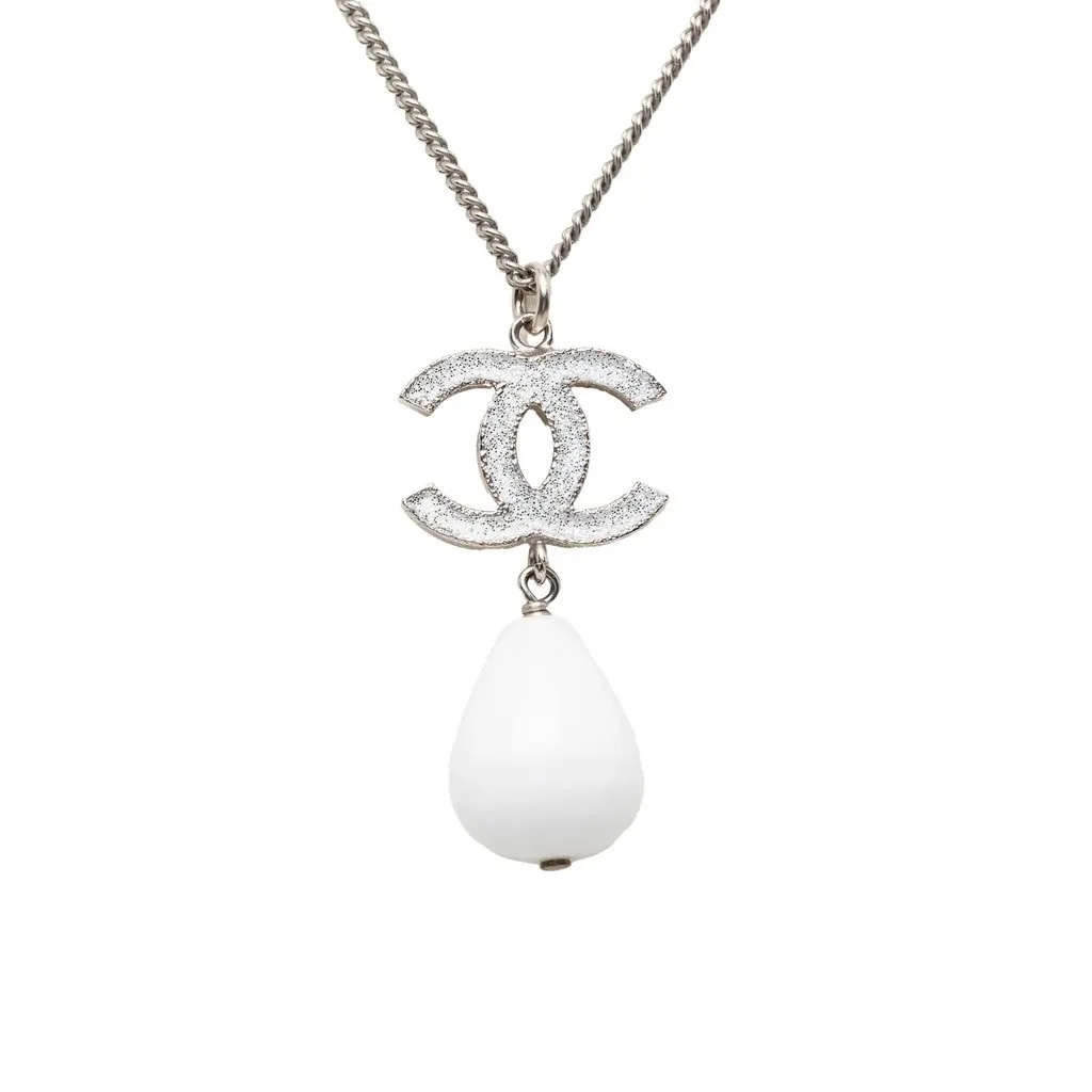 Chanel CC Brass Resin Teardrop Pendant Necklace Silver Metal Very good - Back View