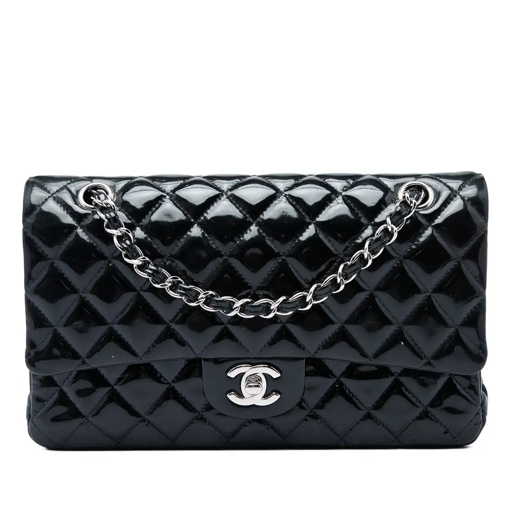 Chanel Medium Classic Patent Double Flap Black Leather Very good - Front View