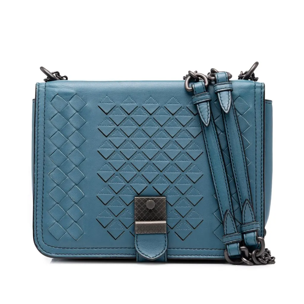 Bottega Veneta Mini Nappa Intrecciato Runway Shoulder Bag Blue Leather Good - Front View