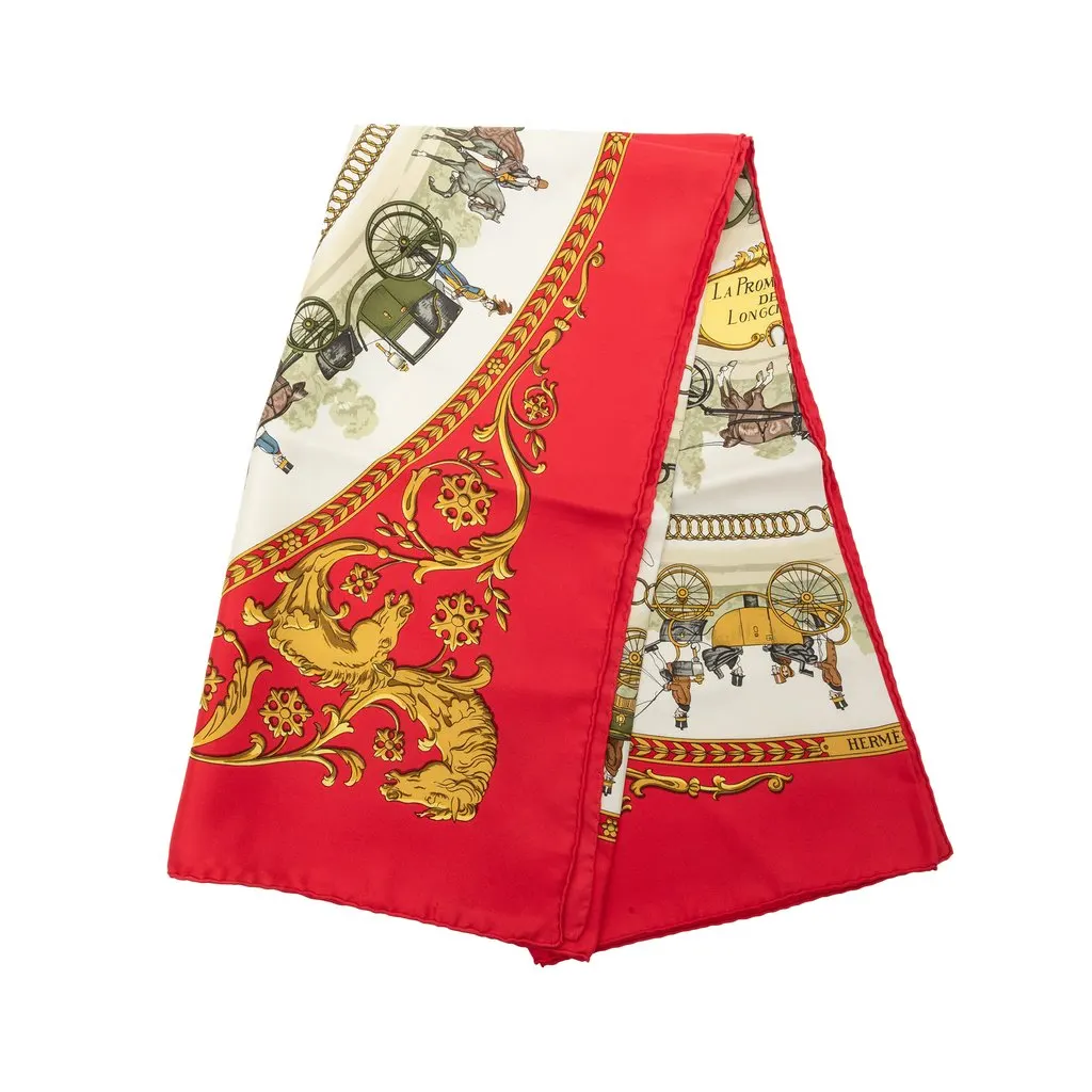 Hermès La Promenade De Longchamps Silk Scarf 90 Red Very good - Front View