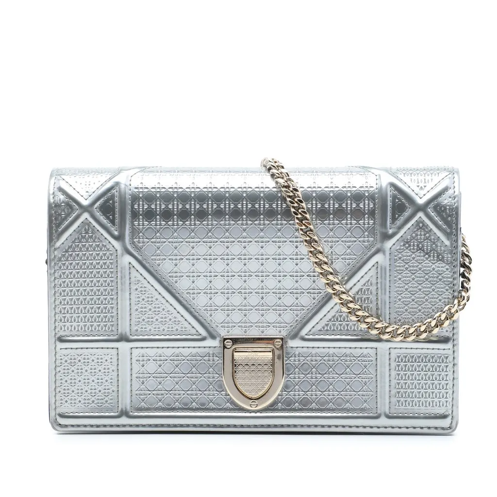 Dior Metallic Patent Microcannage Diorama Wallet on Chain Silver Leather Good - Front View