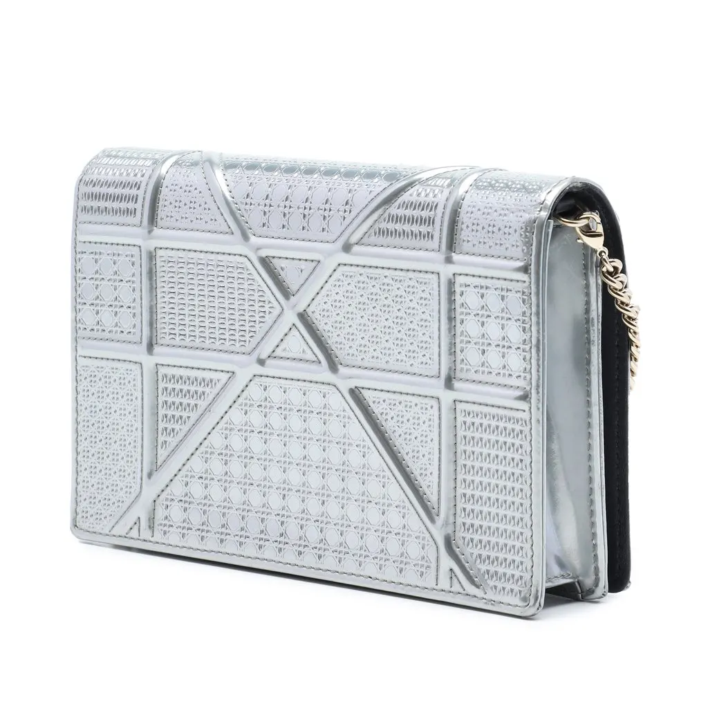 Dior Metallic Patent Microcannage Diorama Wallet on Chain Silver Leather Good - Back View