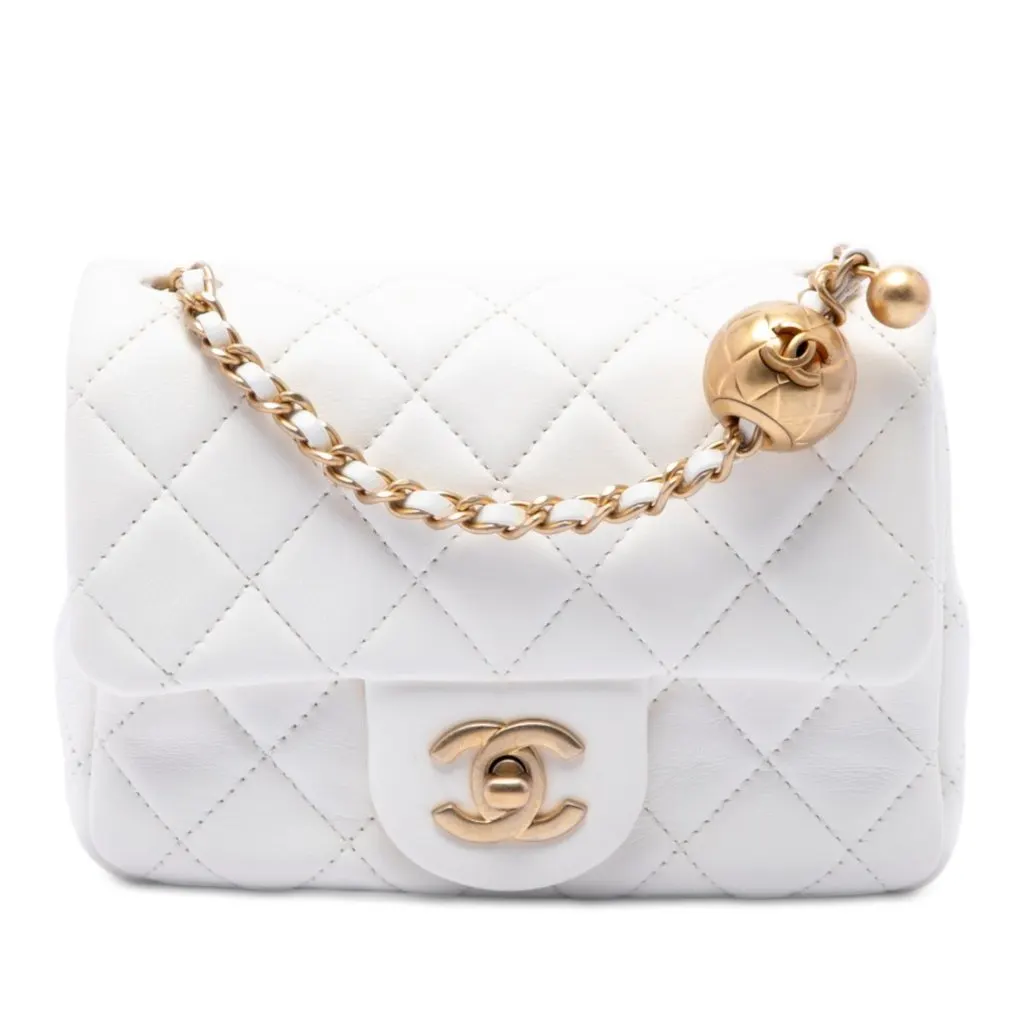 Chanel Mini Square Classic Lambskin Pearl Crush Single Flap White Leather Very good - Front View