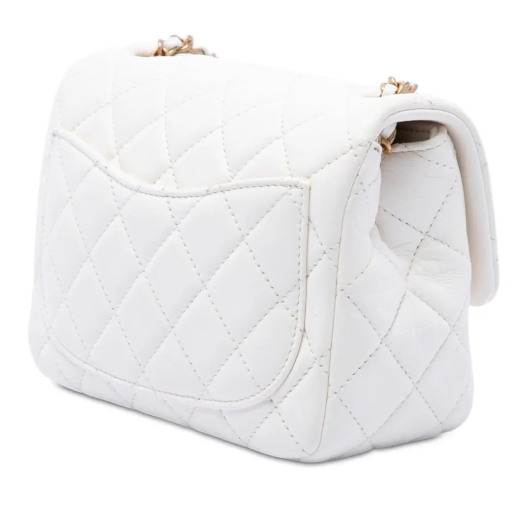 Chanel Mini Square Classic Lambskin Pearl Crush Single Flap White Leather Very good - Back View
