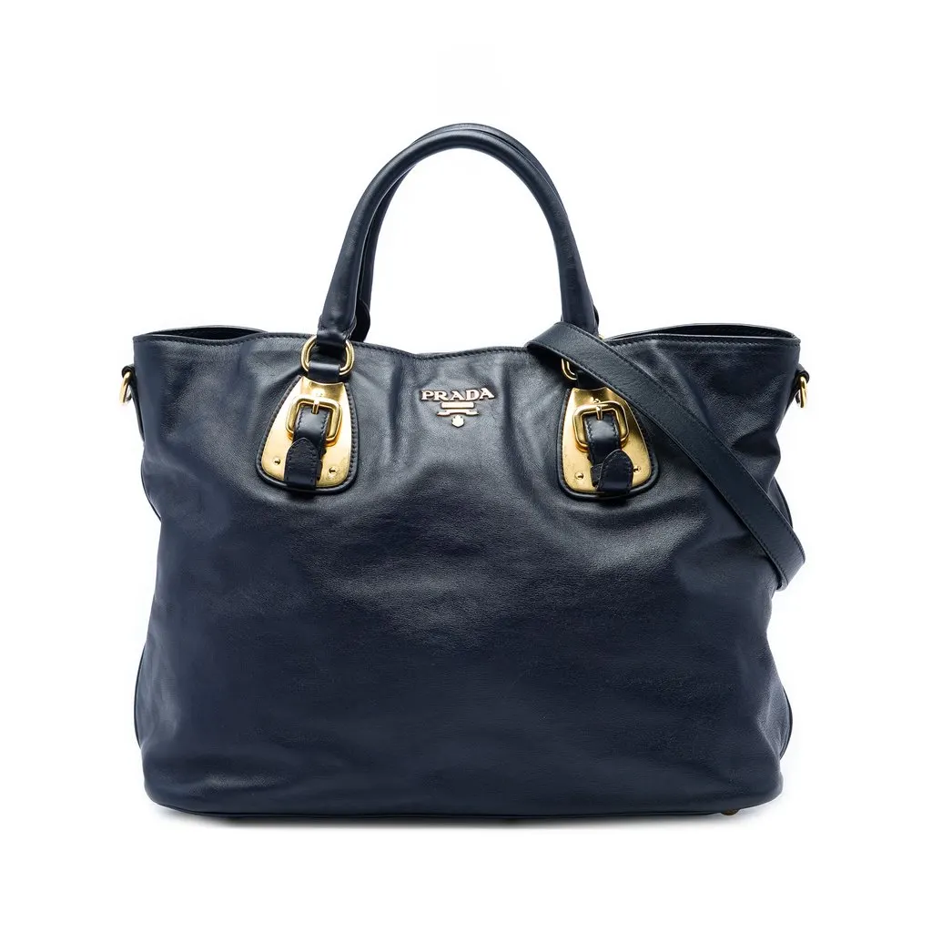 Prada Soft Calfskin Open Convertible Shopping Tote Blue Leather Very good - Front View