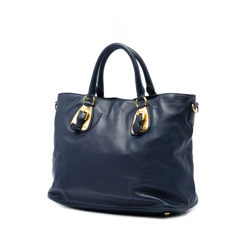 Prada Soft Calfskin Open Convertible Shopping Tote Blue Leather Very good - Back View