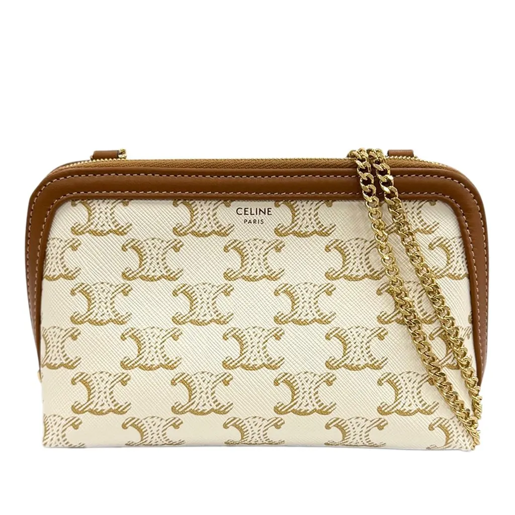 Celine Triomphe Coated Canvas Clutch On Chain White Very good - Front View