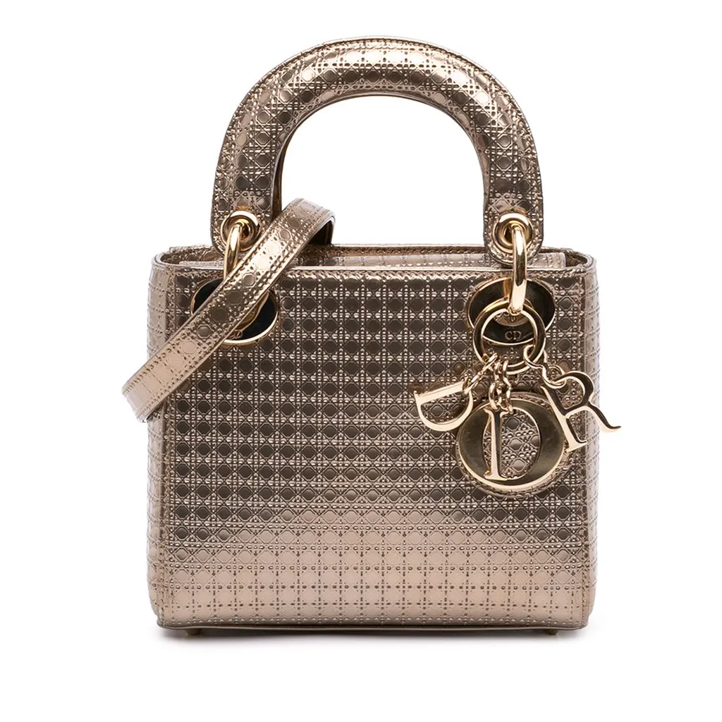 Dior Mini Metallic Patent Microcannage Lady Dior Gold Leather Very good - Front View