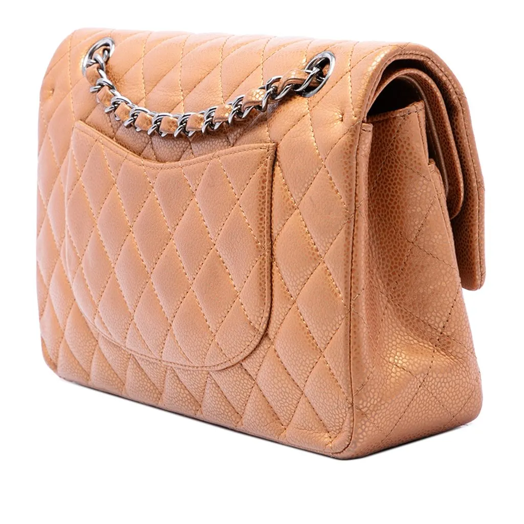 Chanel Medium Classic Metallic Caviar Double Flap Brown Leather Good - Back View