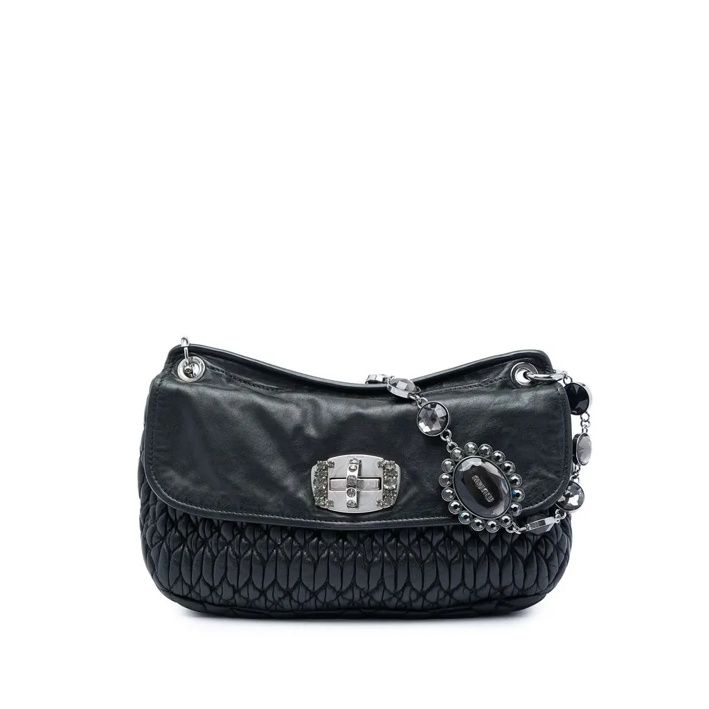 Miu Miu Matelasse Nappa Crystal Flap Crossbody Black Leather Very good - Front View