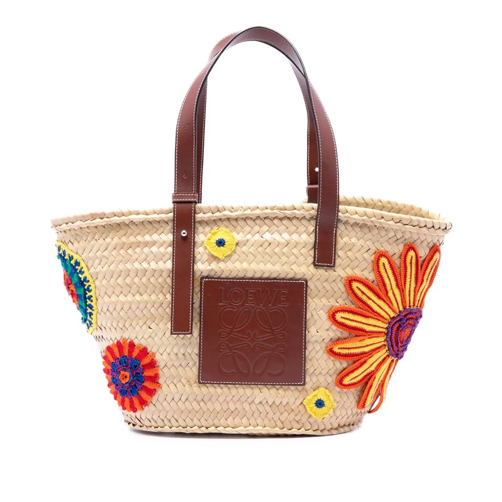 LOEWE Large Floral Embroidered Raffia Basket Tote Beige Very good - Front View