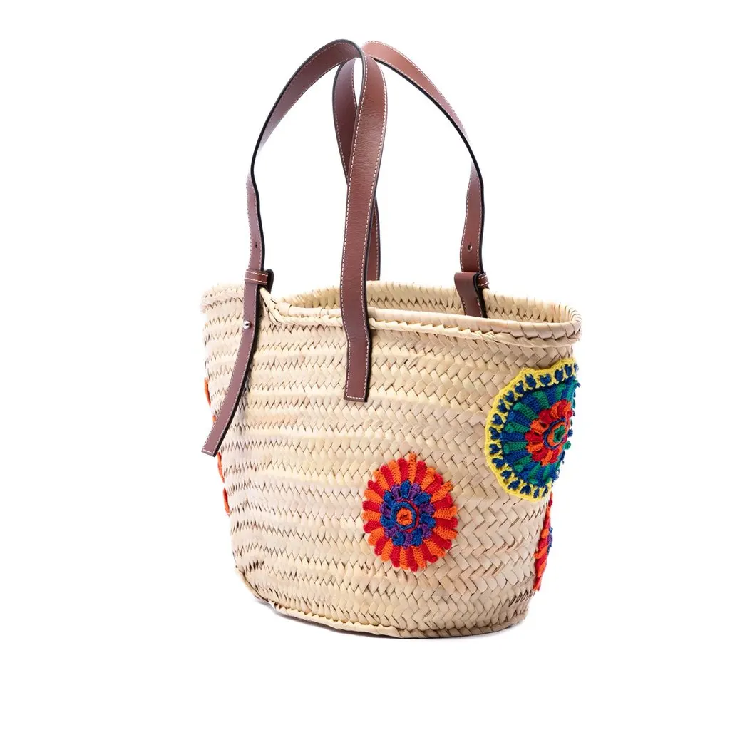 LOEWE Large Floral Embroidered Raffia Basket Tote Beige Very good - Back View