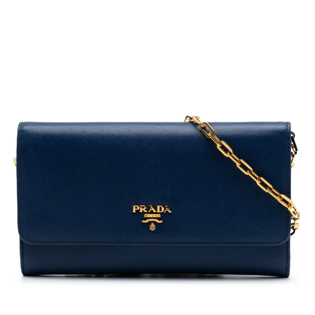 Prada Saffiano Wallet On Chain Blue Leather Very good - Front View