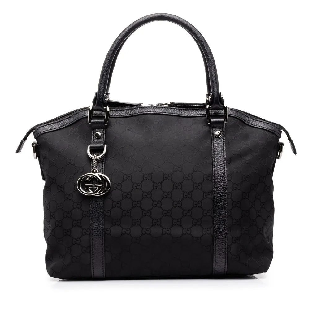 Gucci Medium GG Canvas Charm Dome Satchel Black Leather Good - Front View