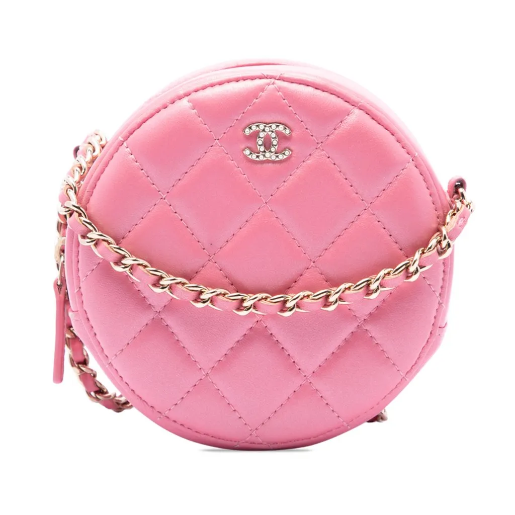 Chanel Quilted Lambskin Round Pearl Clutch with Chain Pink Leather Very good - Front View