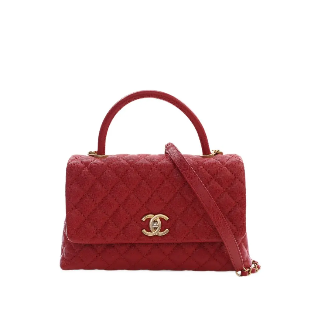 Chanel Small Quilted Caviar Coco Top Handle Bag Red Leather Very good - Front View