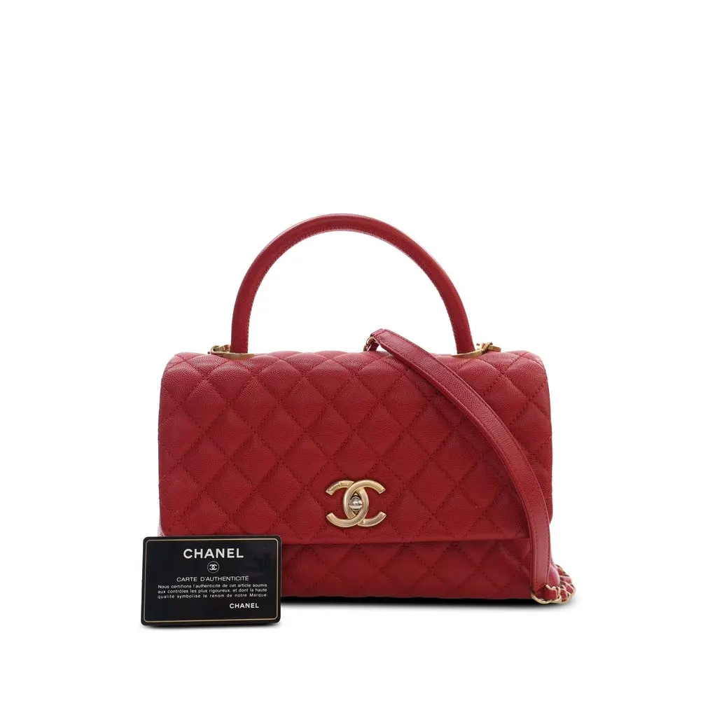 Chanel Small Quilted Caviar Coco Top Handle Bag Red Leather Very good - Box View