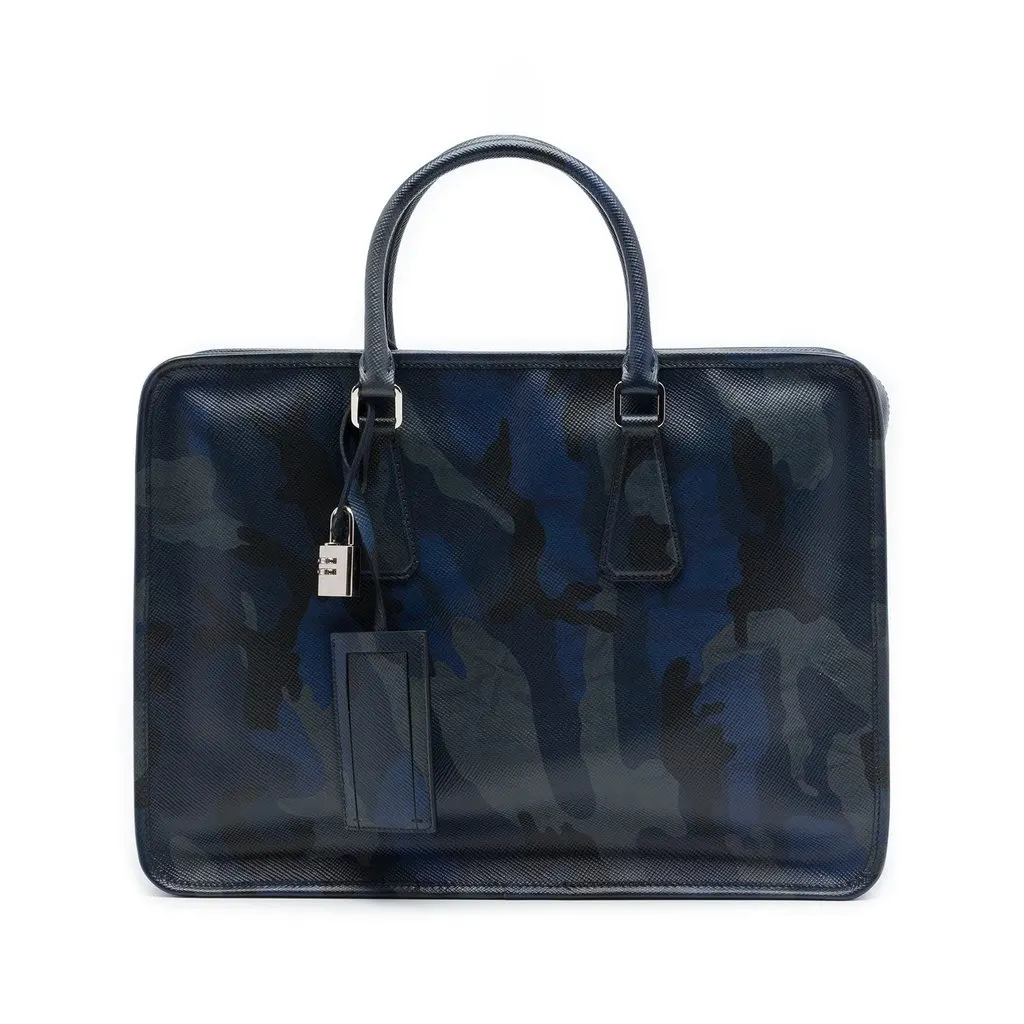 Prada Saffiano Camouflage Print Briefcase Blue Leather Very good - Front View