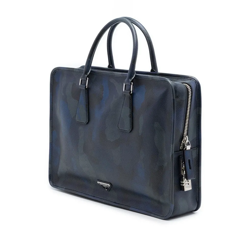 Prada Saffiano Camouflage Print Briefcase Blue Leather Very good - Back View