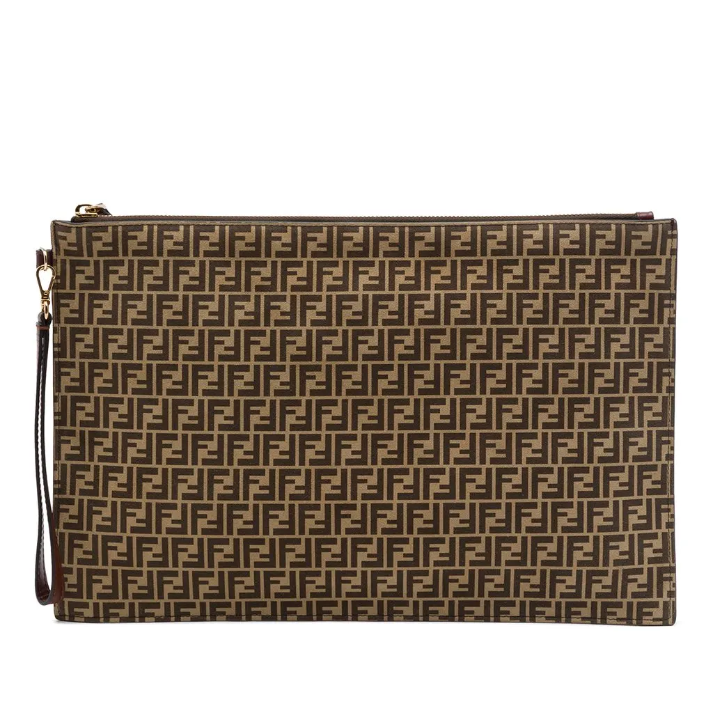 Fendi Large Zucchino Suede Flat Pouch Brown Leather Very good - Front View