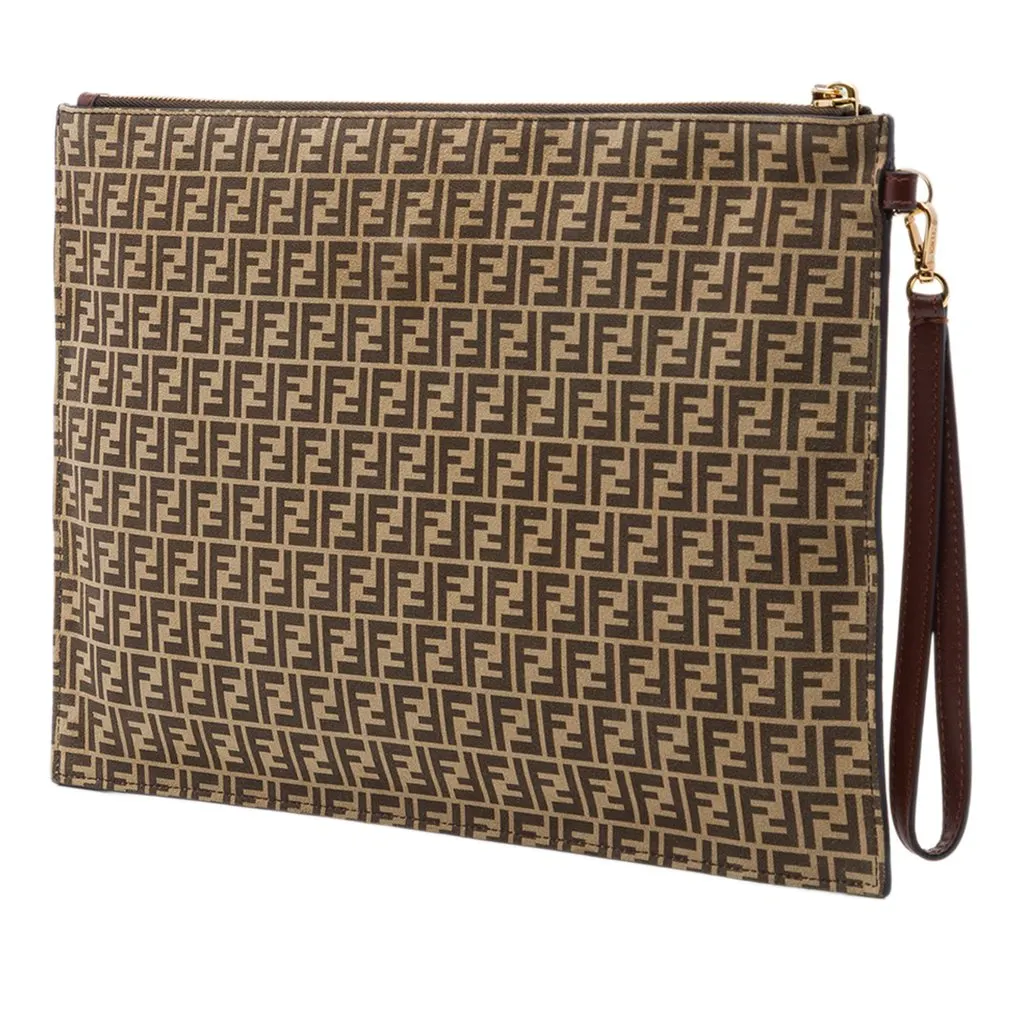 Fendi Large Zucchino Suede Flat Pouch Brown Leather Very good - Back View