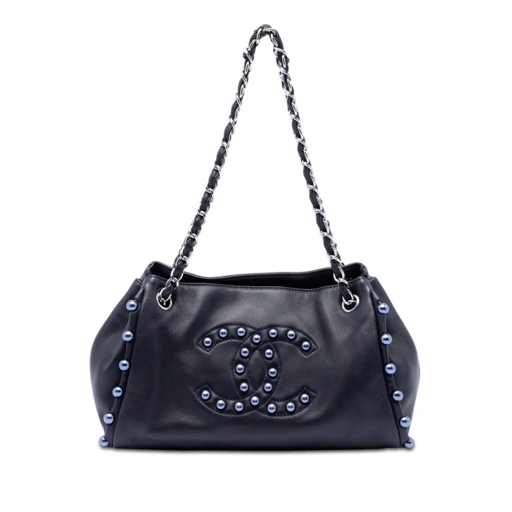 Chanel Small Lambskin Pearl Obsession Accordion Tote Blue Leather Very good - Front View