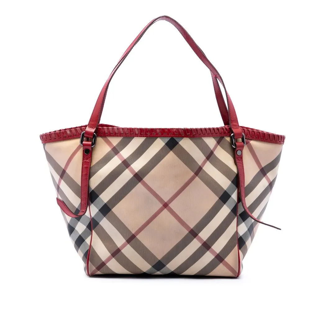 Burberry Supernova Check Coated Canvas Whipstitch Tote Beige Canvas Good - Front View