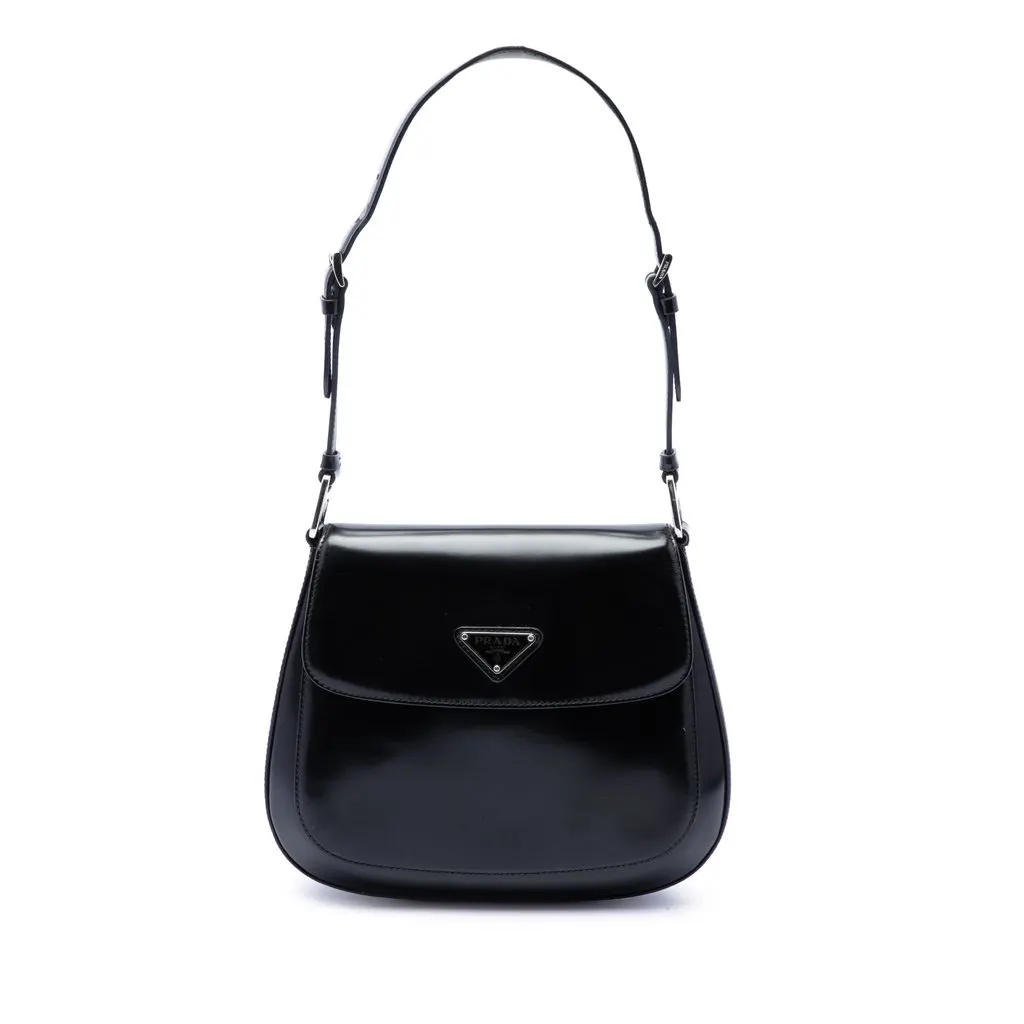 Prada Medium Spazzolato Leather Cleo Flap Shoulder Bag Black Leather Good - Front View