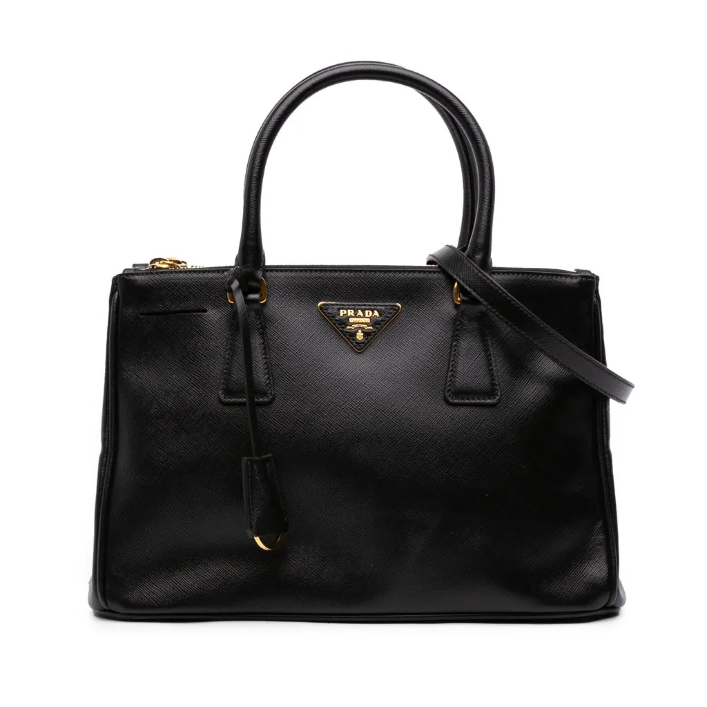Prada Small Saffiano Lux Galleria Double Zip Satchel Black Leather Good - Front View
