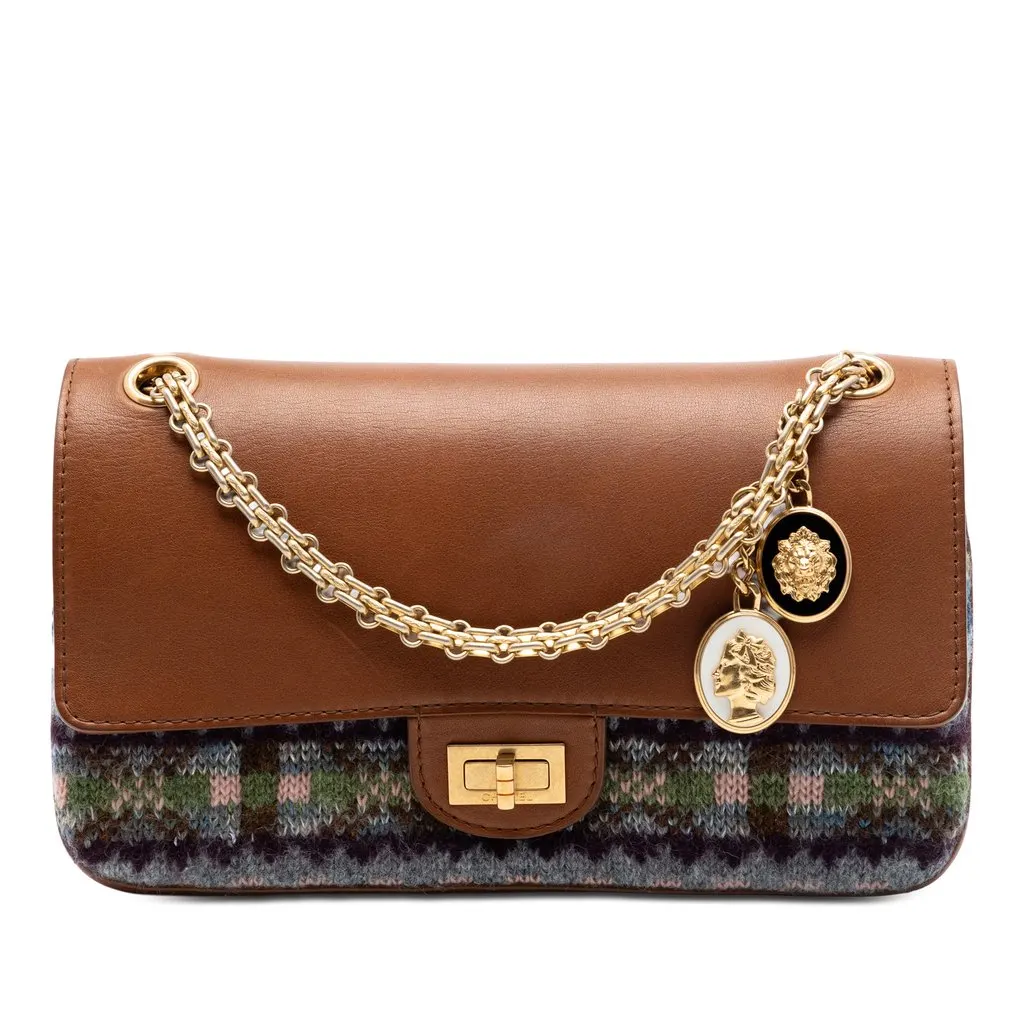 Chanel Smooth Calfskin and Knit Reissue 2.55 Medallion Nude Double Flap 225 Brown Leather Very good - Front View