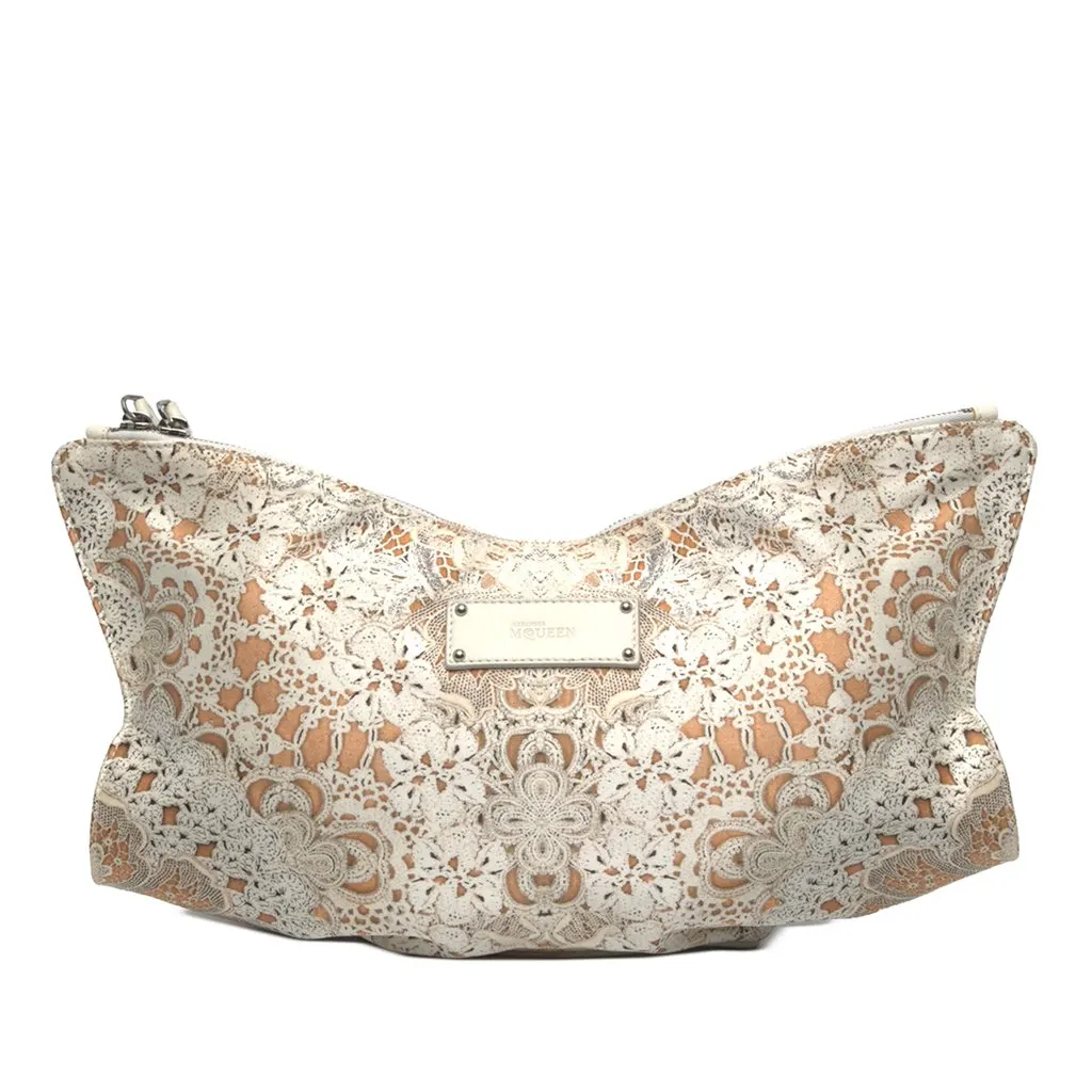 Alexander McQueen Medium Satin De Manta Printed Clutch White Satin Very good - Front View
