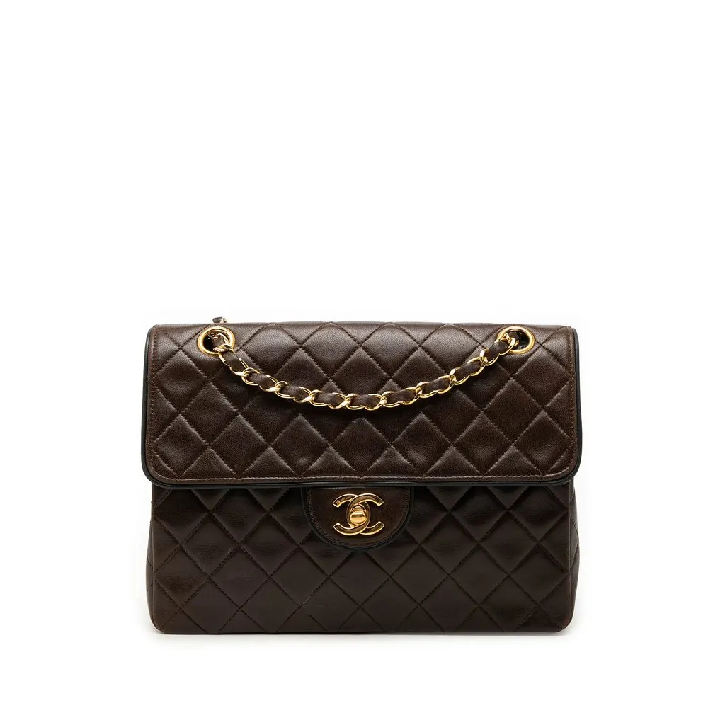 Chanel CC Bicolor Quilted Lambskin Piping Single Flap Brown Leather Good - Front View