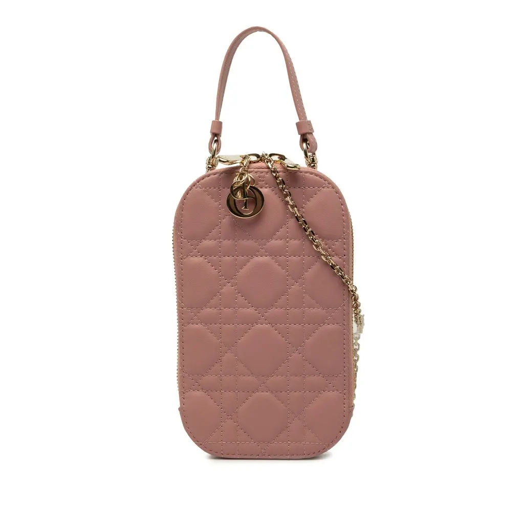 Dior Lambskin Cannage Lady Dior Call in Phone Holder Pink Leather Very good - Front View