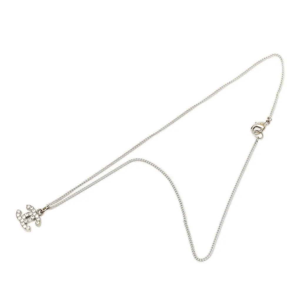 Chanel CC Brass Strass Pendant Necklace Silver Brass Very good - Front View