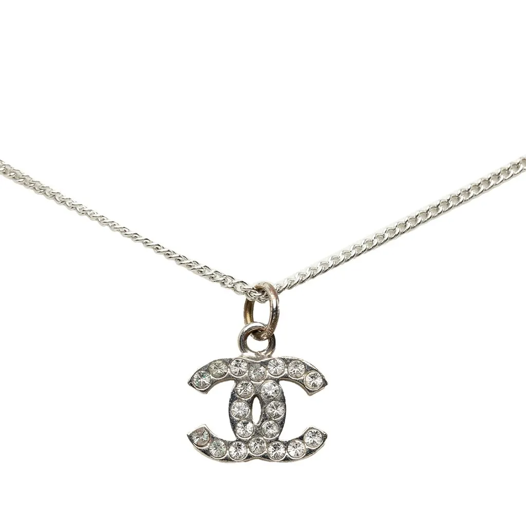 Chanel CC Brass Strass Pendant Necklace Silver Brass Very good - Back View