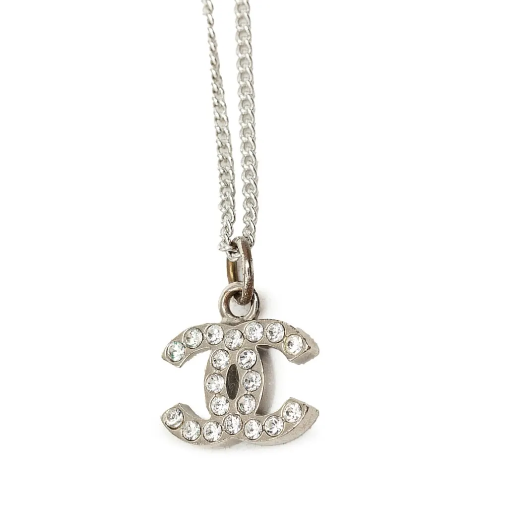 Chanel CC Brass Strass Pendant Necklace Silver Brass Very good - Model View