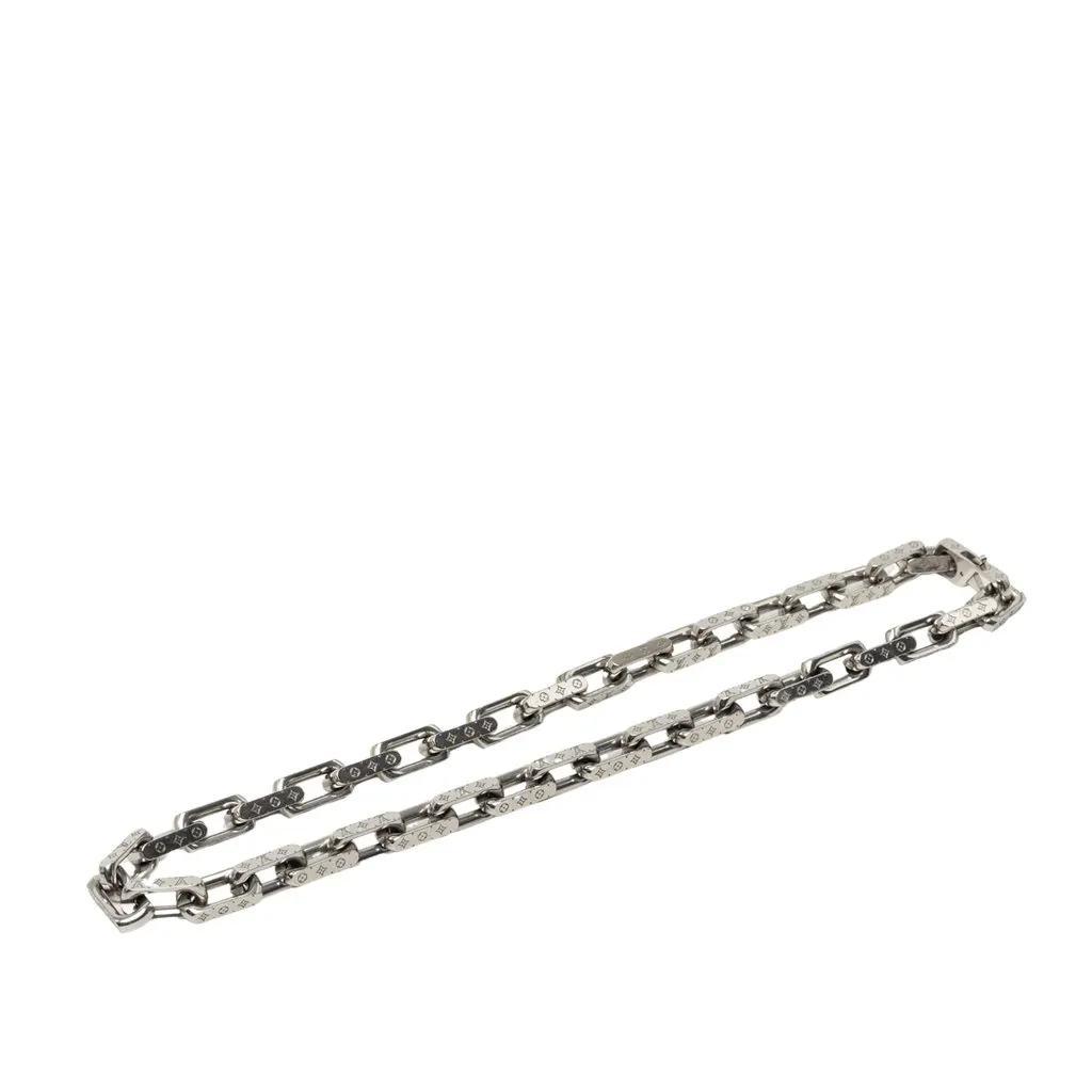 Louis Vuitton Stainless Steel Monogram Chain Link Necklace Silver Metal Very good - Front View