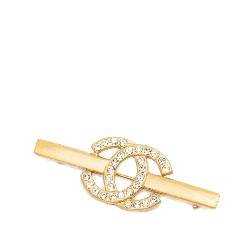 Chanel CC Gold Plated Strass Bar Brooch Gold Metal Very good - Front View