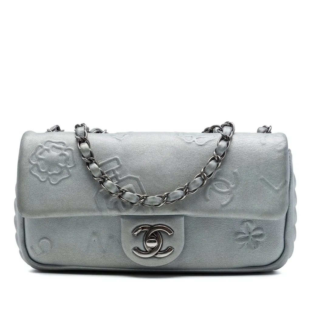 Chanel Small Embossed Metallic Calfskin Precious Symbols Flap Silver Leather Very good - Front View
