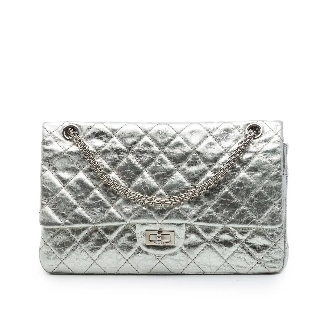 Chanel Quilted Metallic Aged Calfskin Reissue 2.55 Double Flap 226 Silver Leather Very good - Front View