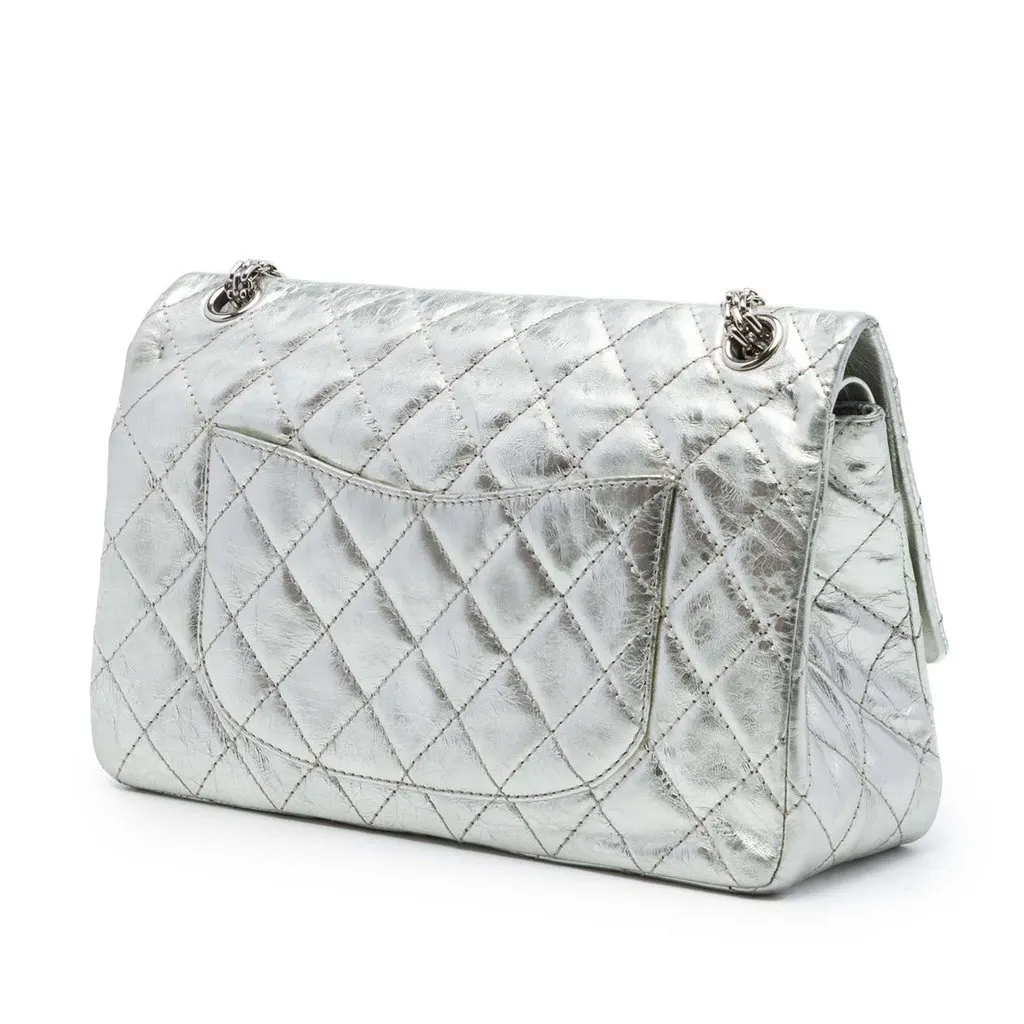 Chanel Quilted Metallic Aged Calfskin Reissue 2.55 Double Flap 226 Silver Leather Very good - Back View