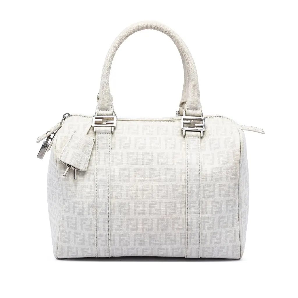 Fendi Zucchino Coated Canvas Boston Bag White Good - Front View