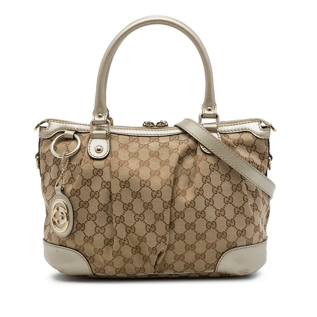 Gucci GG Canvas Sukey Satchel Beige Canvas Good - Front View