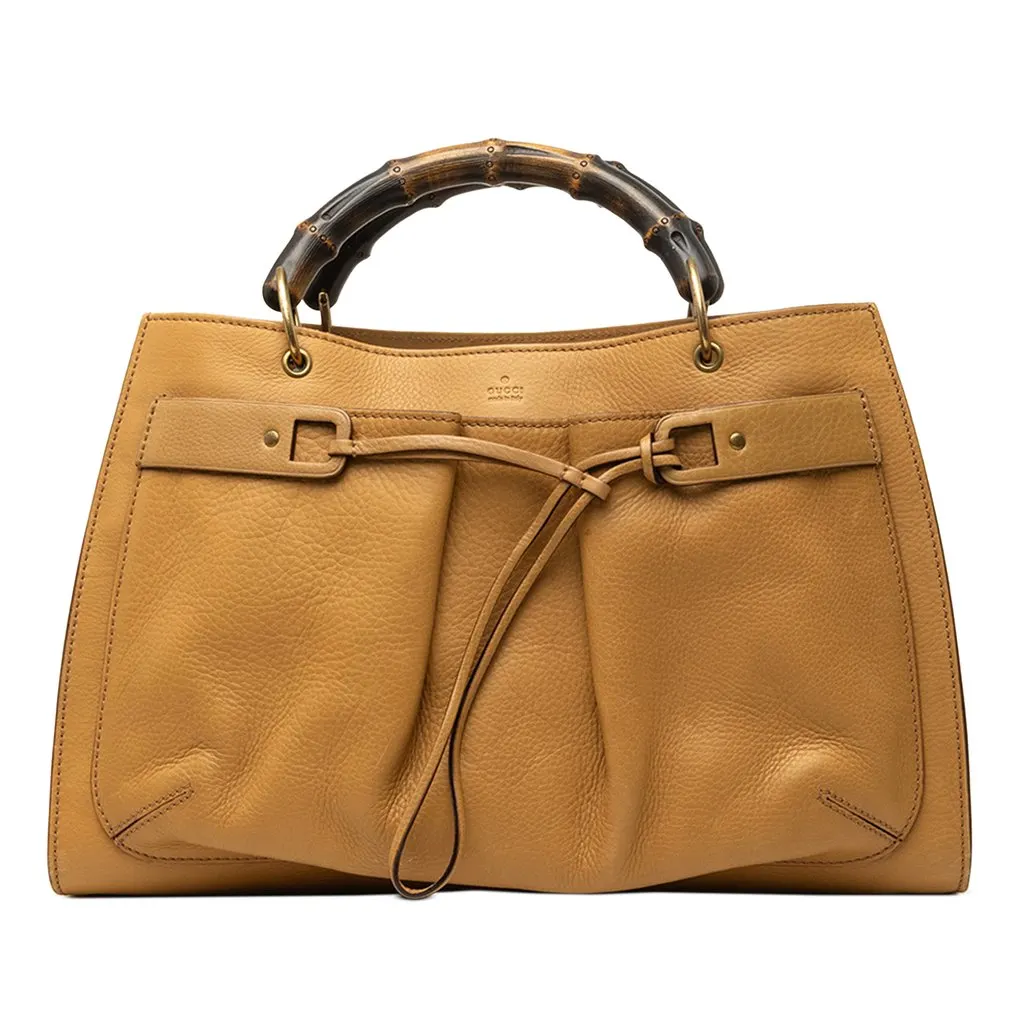 Gucci Calfskin Bamboo Handbag Brown Leather Good - Front View