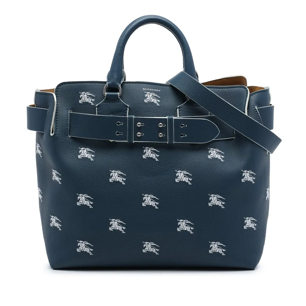 Burberry Medium Grained Calfskin Embroidered Equestrian Knight Marais Belt Bag Blue Leather Very good - Front View