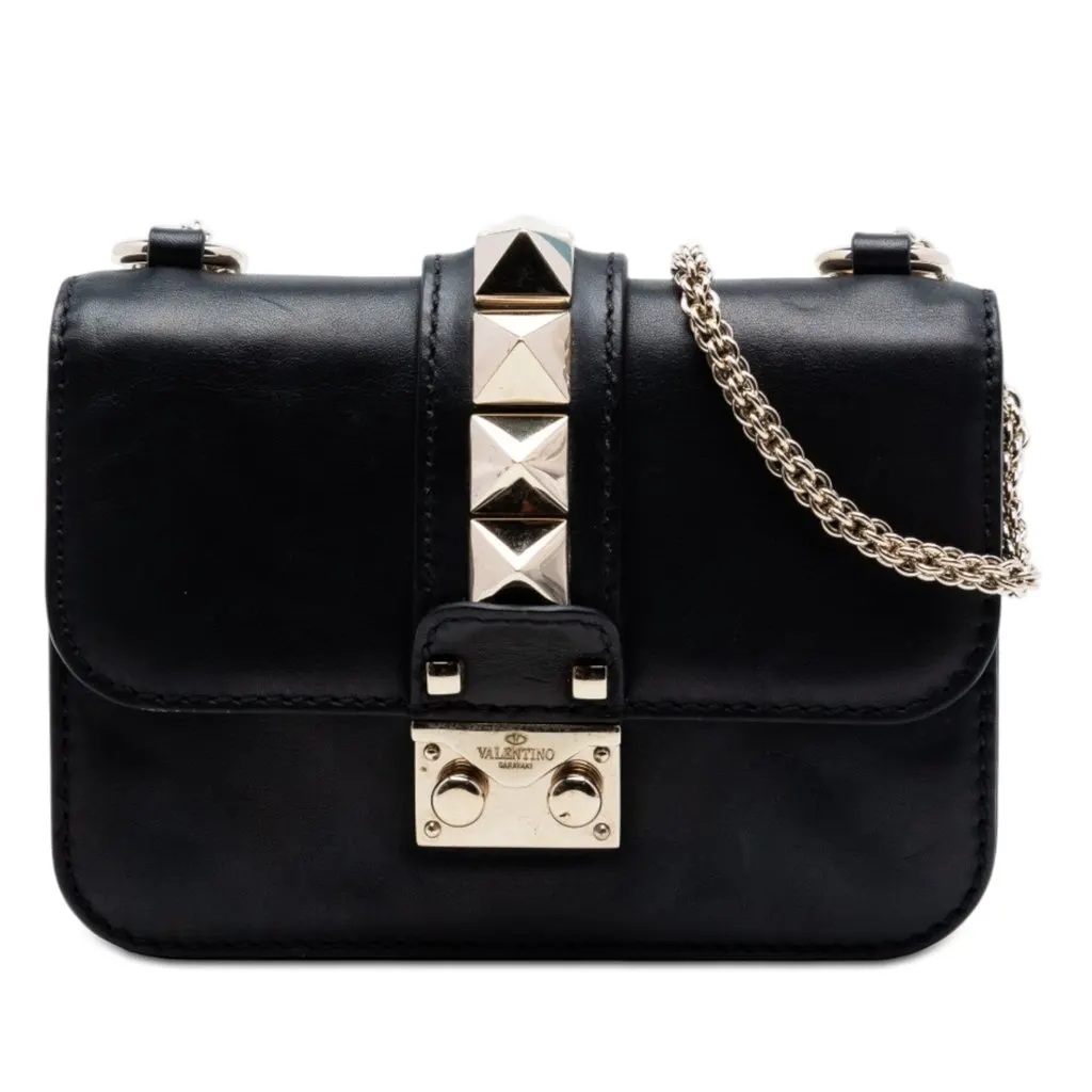 Valentino Mini Leather Rockstud Glam Lock Crossbody Black Leather Very good - Front View
